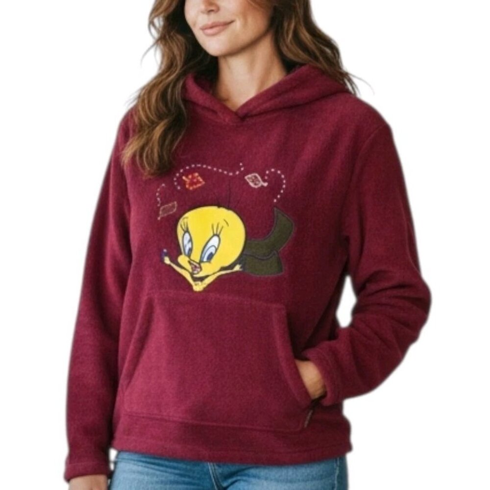 Retro‎ Tweety Fleece Hoodie Burgundy Hooded Sweatshirt Y2K Womens Sz M